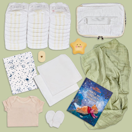 Naujagimio dovanų krepšelis su knygele "Po žvaigždėtu dangum"