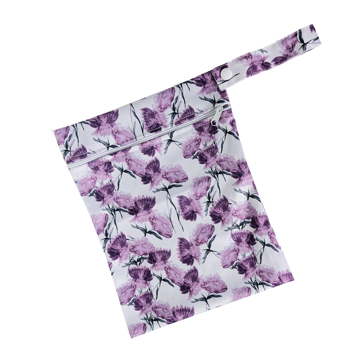 Baltas neperšlampamas maišelis 20x25 cm su violetinėmis gėlėmis