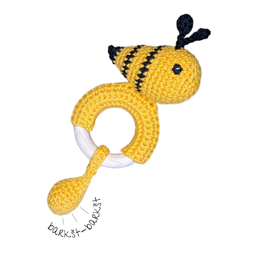 Barškutis-kramtukas bitutė — nertas rankų darbo žaislas