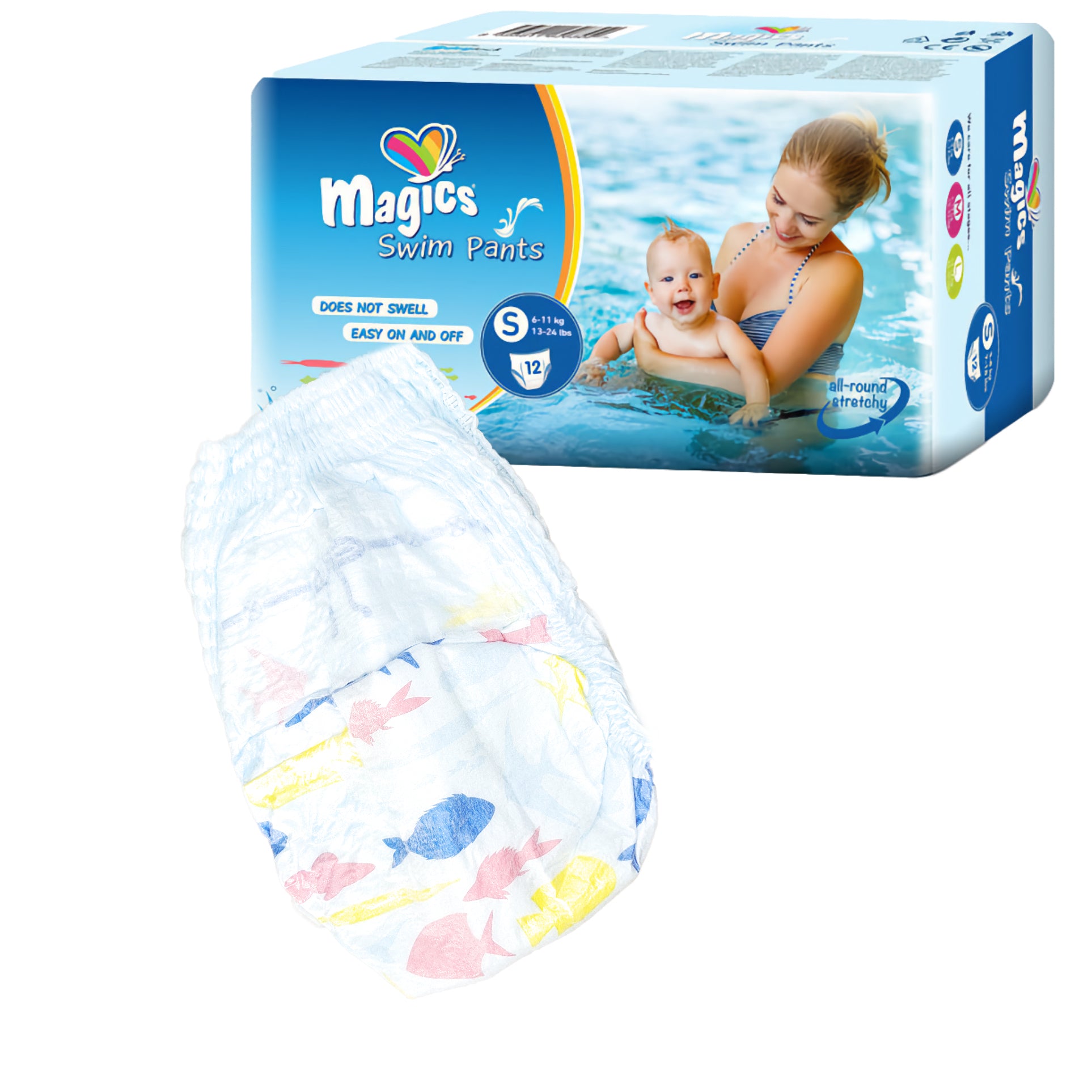 thumbnail image 2 of Magics Disposable Swim Nappies For Babies - Size L (31+ Lbs), Pack Of 10, Leak-Proof For Pool & Beach 2 of 12