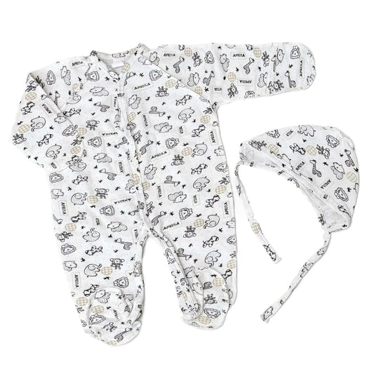 Dviejų dalių medvilninis kraitelis naujagimiui: šliaužtinukas ir kepuraitė
