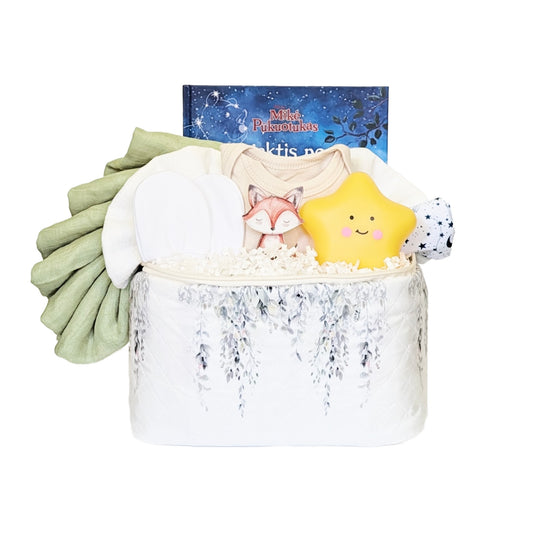 Naujagimio dovanų krepšelis su knygele "Po žvaigždėtu dangum"