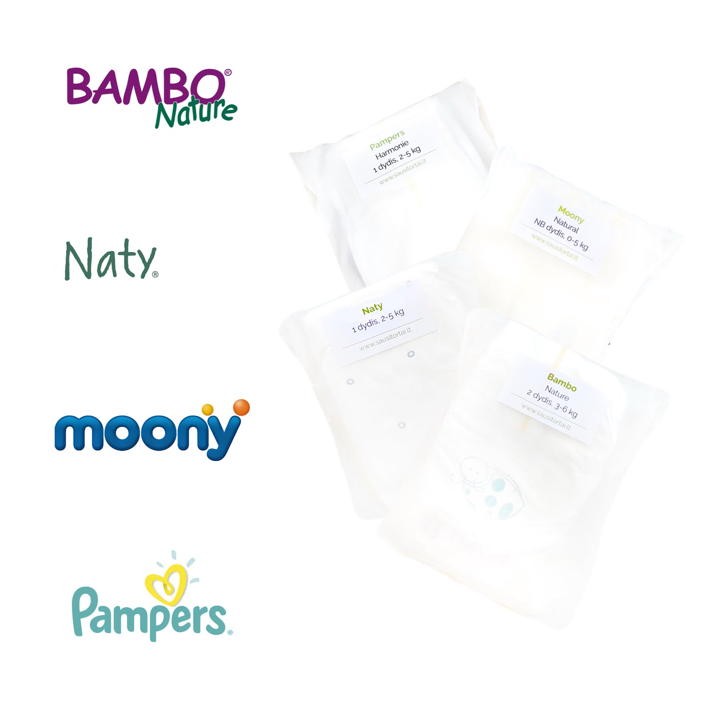 Ekologisku sauskelnių testavimo rinkinys - Bambo Nature, Naty, Moony Natural, Pampers Harmonie