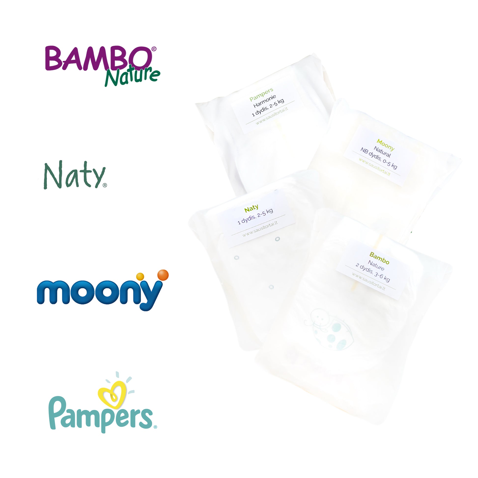 Ekologisku sauskelnių testavimo rinkinys - Bambo Nature, Naty, Moony Natural, Pampers Harmonie