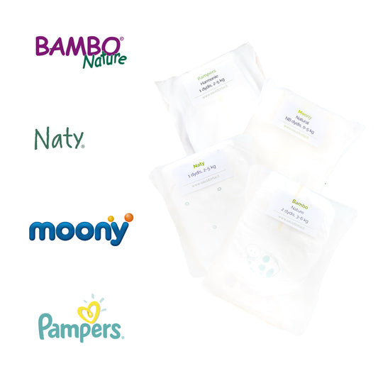 Ekologisku sauskelnių testavimo rinkinys - Bambo Nature, Naty, Moony Natural, Pampers Harmonie