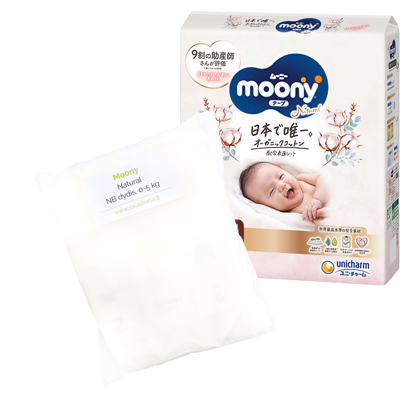 „Moony Natural“ sauskelnės vienetais (0-5 kg, 3 vnt.)