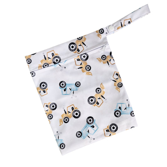 Baltas neperšlampamas maišelis 20x25 cm su traktoriais ir buldozeriais