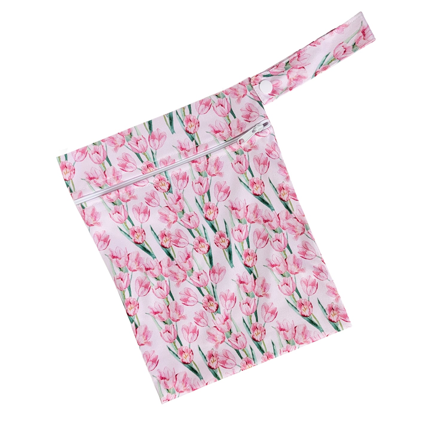 Rožinis  neperšlampamas maišelis 20x25 cm su tulpėmis