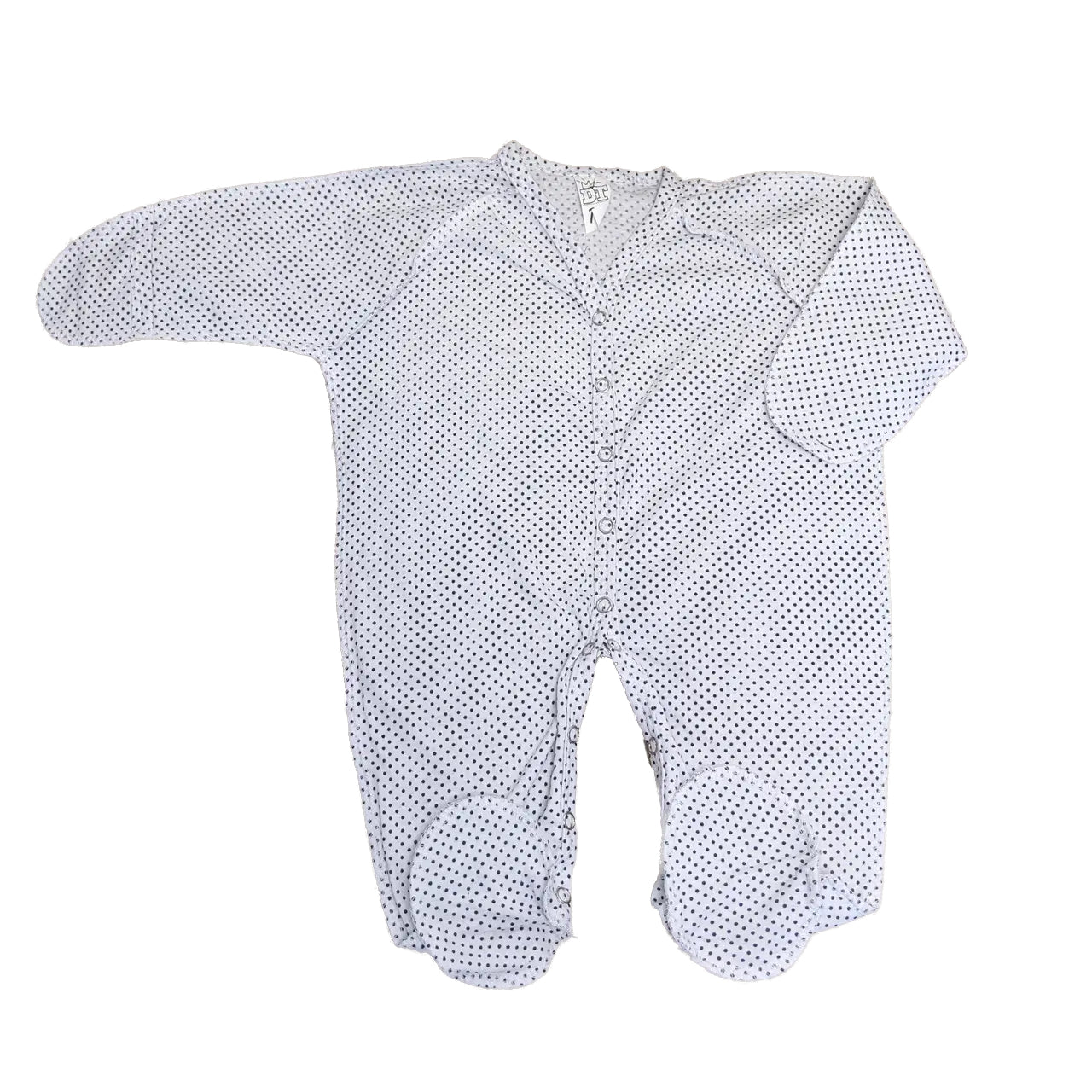 Baltas su juodais taškeliais medvilninis šliaužtinukas kūdikiui su išvirkščiomis siūlėmis