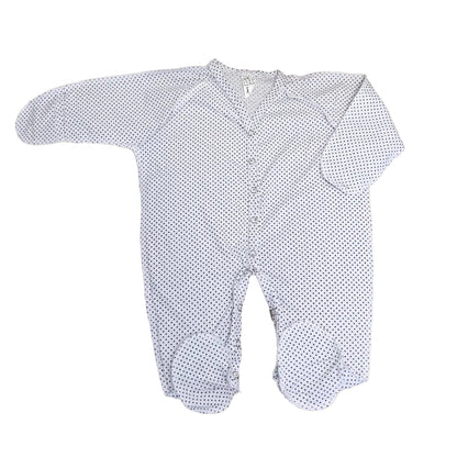 Baltas su juodais taškeliais medvilninis šliaužtinukas kūdikiui su išvirkščiomis siūlėmis