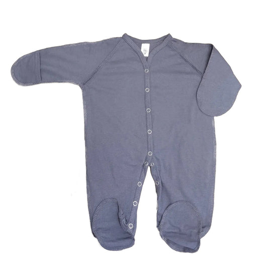 Pilkas medvilninis šliaužtinukas kūdikiui su išvirkščiomis siūlėmis