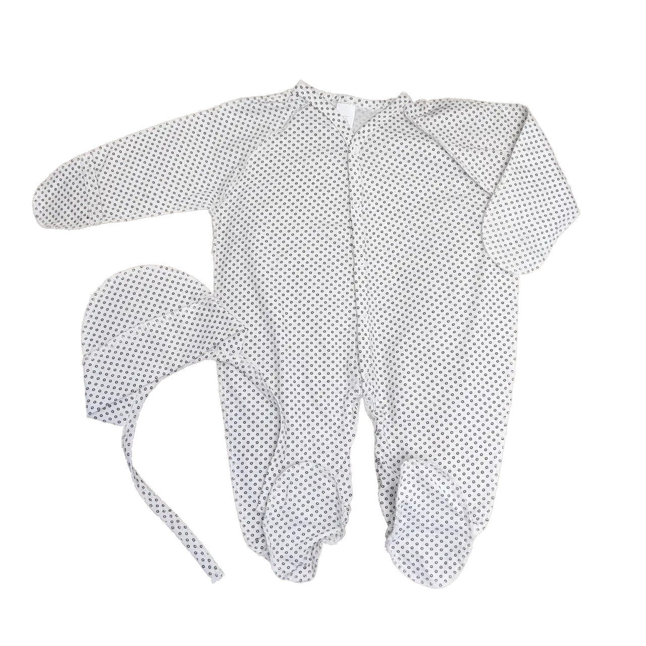 Baltas su taškeliais dviejų dalių medvilninis kraitelis naujagimiui: šliaužtinukas ir kepuraitė