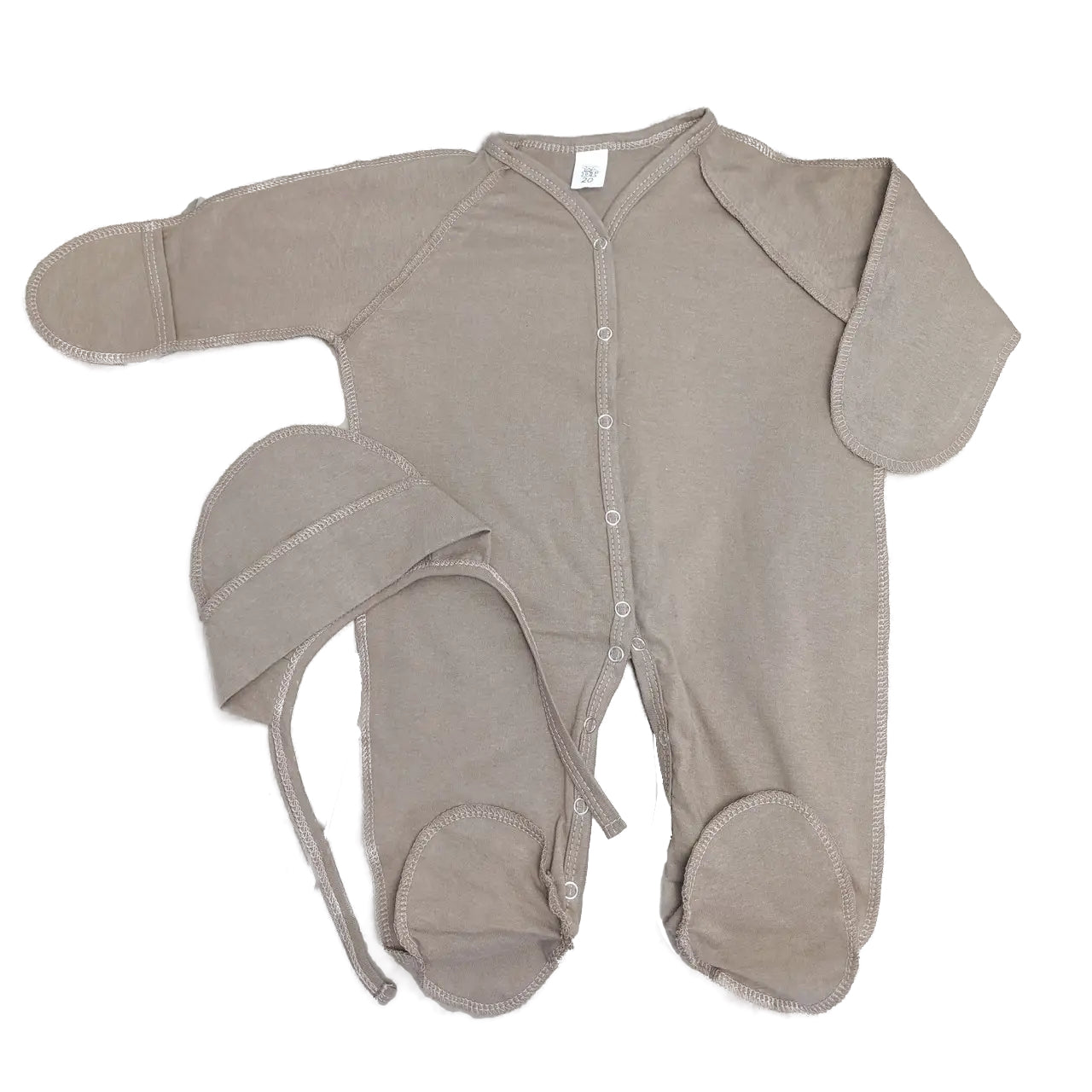 Rudas dviejų dalių medvilninis kraitelis naujagimiui su išvirkščiomis siūlėmis: šliaužtinukas ir kepuraitė