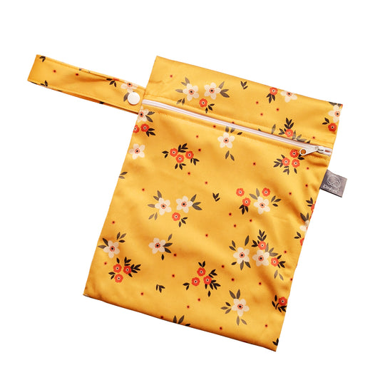 Geltonas neperšlampamas maišelis 20x25 cm su gėlėmis